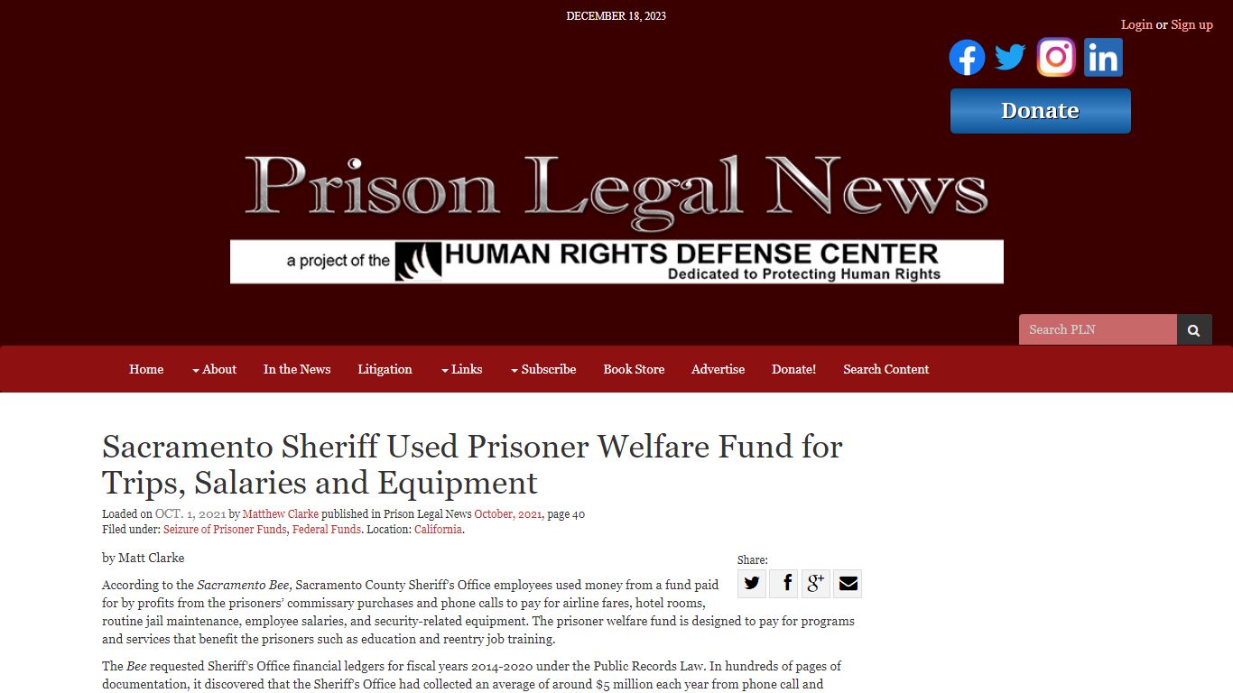 Sacramento Sheriff Used Prisoner Welfare Fund for Trips, Salaries and ...